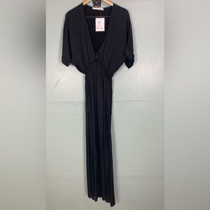 Stillwater Black Easy Deep V Silky Maxi Dress Short‎ Sleeve Sz S